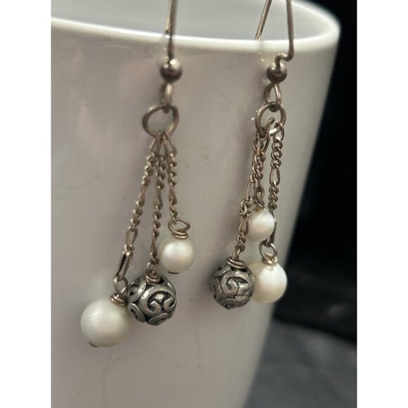 AGI Italy Sterling Silver 925 Freshwater Pearl Formed Bead Dangle Drop Earrings - Picture 6 of 6